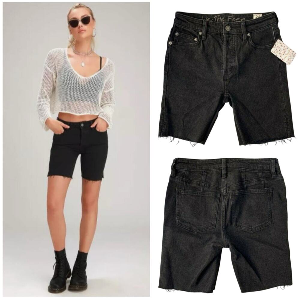 Free People Avery Shorts Size 24 in Black Ash Denim Jorts Button-Fly Modest NEW